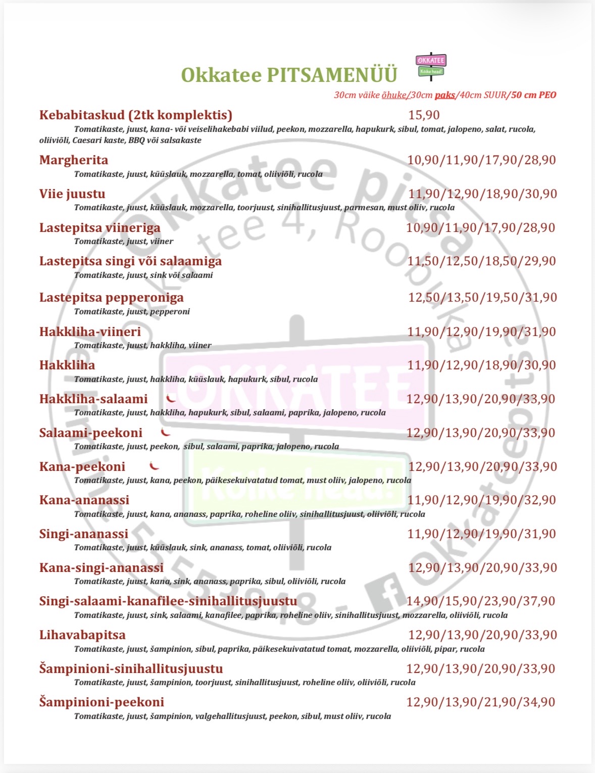 Okkatee Pitsa menüü